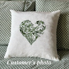 Load image into Gallery viewer, Abstract embroidered heart cushion in green thread - customer's own photo