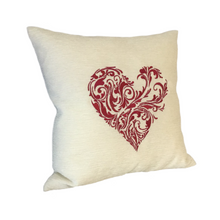 Load image into Gallery viewer, Abstract embroidered heart cushion in pink thread
