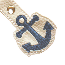 Load image into Gallery viewer, Close up of stitching of Anchor keyfob on white faux leather