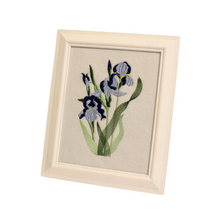 Load image into Gallery viewer, Blue Iris Embroidered Art in a white frame, Birth Flower of February