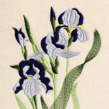 Load image into Gallery viewer, Blue Iris embroidered art close up of stitching, 25th wedding anniversary flower