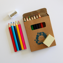 Load image into Gallery viewer, Box of coloured pencils with a sharpener and eraser