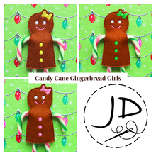 Load image into Gallery viewer, Collage of three gingerbread girl candy cane holders with the JD logo in the bottom right quarter