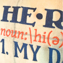 Load image into Gallery viewer, Close up navy and orange stitching of Hero Dad cushion