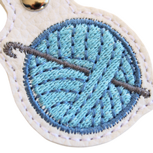 Load image into Gallery viewer, Crochet keyfob with blue wool close up of stitching