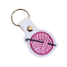 Load image into Gallery viewer, Crochet keyfob with pink wool and chrome rivet and split ring