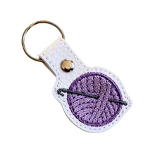 Load image into Gallery viewer, Crochet keyfob with purple wool and chrome rivet and split ring
