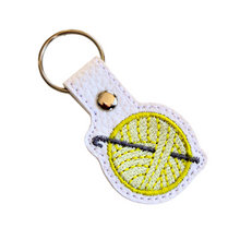 Load image into Gallery viewer, Crochet keyfob with yellow wool and chrome rivet and split ring