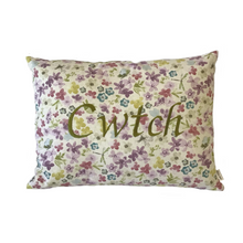 Load image into Gallery viewer, Cwtch cushion stitched in green on floral fabric