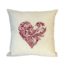 Load image into Gallery viewer, Embroidered heart cushion in pink thread on an ivory background fabric