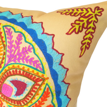 Load image into Gallery viewer, Indian Ocean Raj Sun pillow in jewel colours and decorative corner pattern