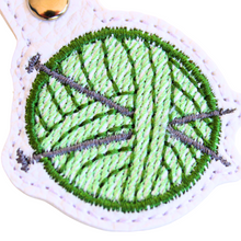 Load image into Gallery viewer, Knitting keyfob with close up of the green stitching