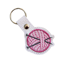 Load image into Gallery viewer, Knitting keyfob with pink yarn and chrome rivet and split ring