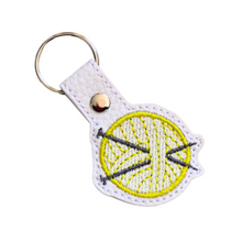 Load image into Gallery viewer, Knitting keyfob with yellow yarn and chrome rivet and split ring