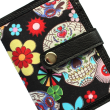 Load image into Gallery viewer, Notebook with skull fabric on black faux leather with tab and metal rivet fastener