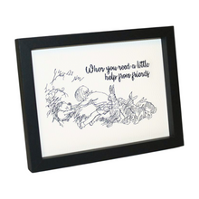 Load image into Gallery viewer, Pooh and friends embroidered art in a black frame left side view