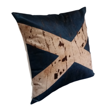 Load image into Gallery viewer, Left side view of a Scottish Flag / Saltire cushion with a mottled beige cross on a navy velvet background