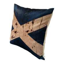 Load image into Gallery viewer, Right side view of a Scottish Flag / St. Andrews Cross cushion with a mottled beige cross on a navy velvet background
