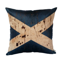 Load image into Gallery viewer, Scottish Flag cushion with a mottled beige cross on a navy velvet background