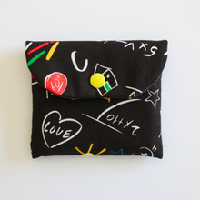Load image into Gallery viewer, Black 'Scribble' fabric pencil case with a yellow snap fastener
