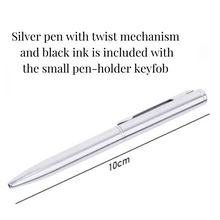 Load image into Gallery viewer, Picture of a silver pen with description and 10cm length size guide