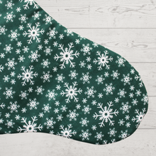 Load image into Gallery viewer, Snowflake Christmas stocking in green fabric