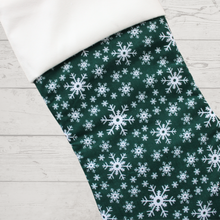 Load image into Gallery viewer, Snowflake Christmas stocking in green with white cuff