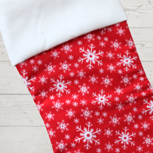 Load image into Gallery viewer, Snowflake Christmas stocking in red with white cuff