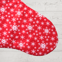 Load image into Gallery viewer, Snowflake Christmas stocking in red fabric