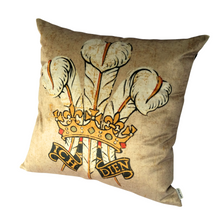 Load image into Gallery viewer, Three Feathers cushion in beige velvet with golden crown and the words Ich Dien