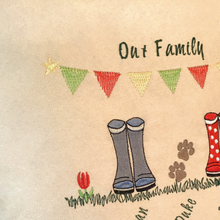 Load image into Gallery viewer, Wellie Boots Personalised Family Cushion close up of stitching