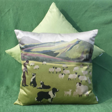 Load image into Gallery viewer, Welsh hillside cushion against a green backdrop