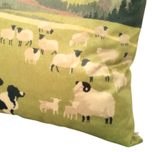 Load image into Gallery viewer, Welsh hillside cushion with sheep
