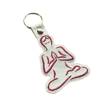 Load image into Gallery viewer, Yoga keyfob in white faux leather with pink stitching