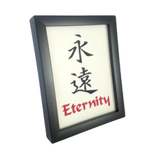Load image into Gallery viewer, Kanji Eternity Embroidered Art left side view in black frame