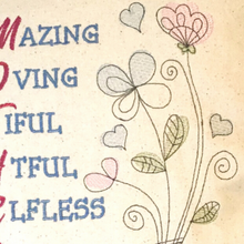 Load image into Gallery viewer, Mother Meaning cushion close up of stitching