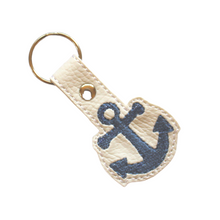 Load image into Gallery viewer, Anchor key ring on white faux leather with blue stitching
