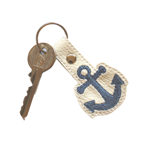 Anchor keyfob with blue thread on white faux leather with chrome metal rivet and split ring - key not included!