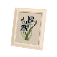 Load image into Gallery viewer, Blue Iris Embroidered Art in a white frame, Birth Flower of February
