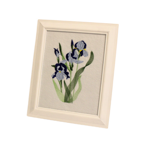 Blue Iris Embroidered Art in a white frame, Birth Flower of February