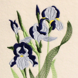 Blue Iris embroidered art close up of stitching, 25th wedding anniversary flower