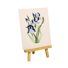 Load image into Gallery viewer, Blue Iris Embroidered Art without frame on a wooden easel
