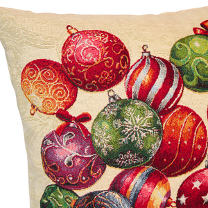 Christmas Baubles cushion left corner close up