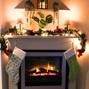 Christmas Lights Stocking hanging from a mantlepiece
