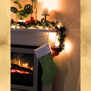 Christmas Lights Stocking hanging over a fireplace