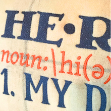 Load image into Gallery viewer, Close up navy and orange stitching of Hero Dad cushion
