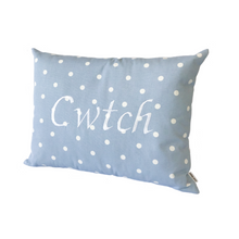 Load image into Gallery viewer, Cwtch cushion in powder blue fabric with white dots

