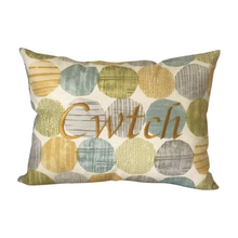 Load image into Gallery viewer, Cwtch cushion on light blue and yellow circles
