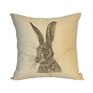 Embroidered Hare cushion on neutral background