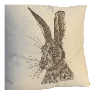 Embroidered hare cushion close up of stitching